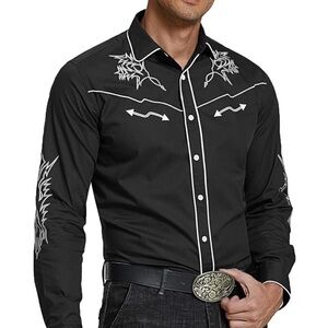 COOFANDY Men's Western Cowboy Shirt Long Sleeve Embroidered Shirt Slim Cut XL